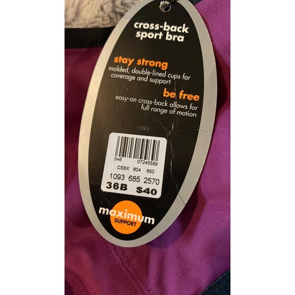 NWT Shock Absorber Purple & Black Cross-Back Sports Bra Women's Size 36B - Picture 2 of 3